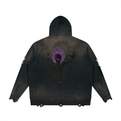 "CHAOS"  Distressed Full Zip Sweater