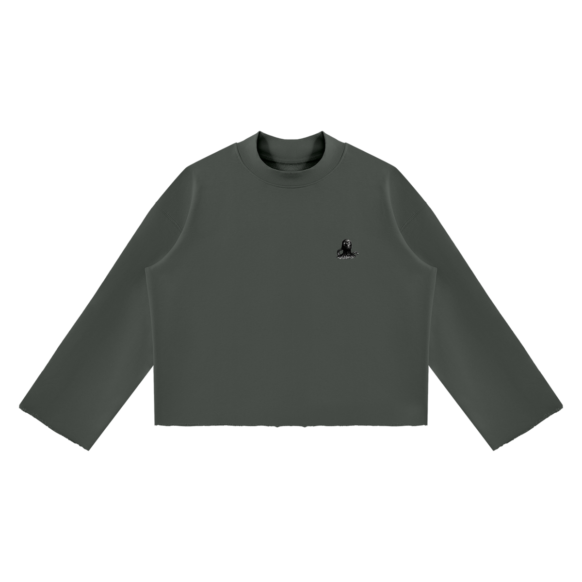 "SHADOW-CLAN"  Mock Neck Raw Edge Boxy Sweatshirt